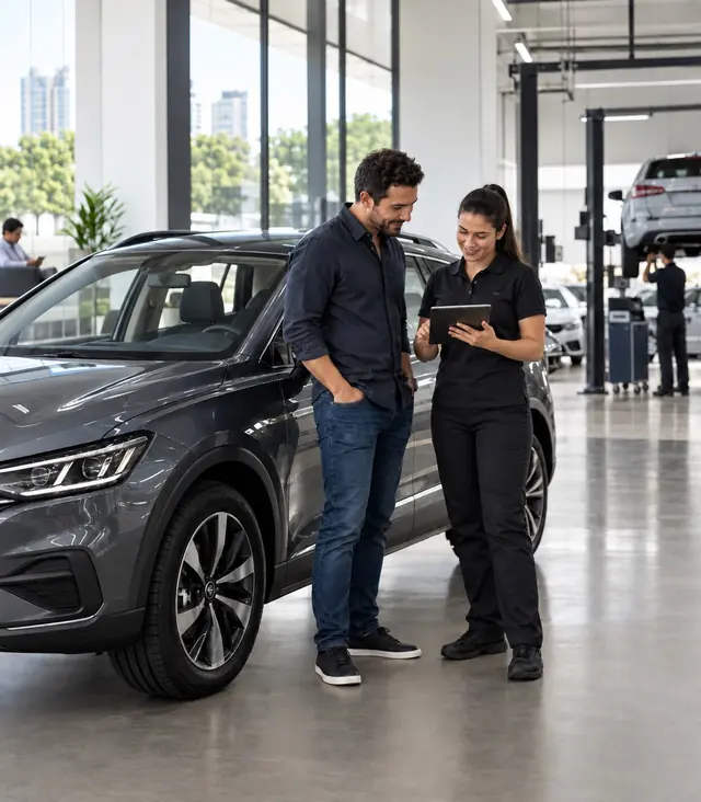 Em uma concessionária, um cliente e uma atendente conferem um tablet ao lado de um SUV