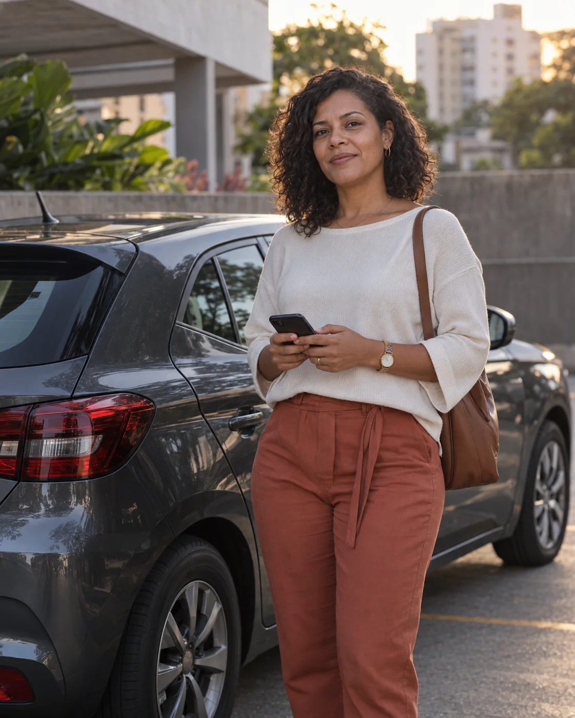 Imagem ilustrativa: uma mulher junto a um carro em um estacionamento urbano